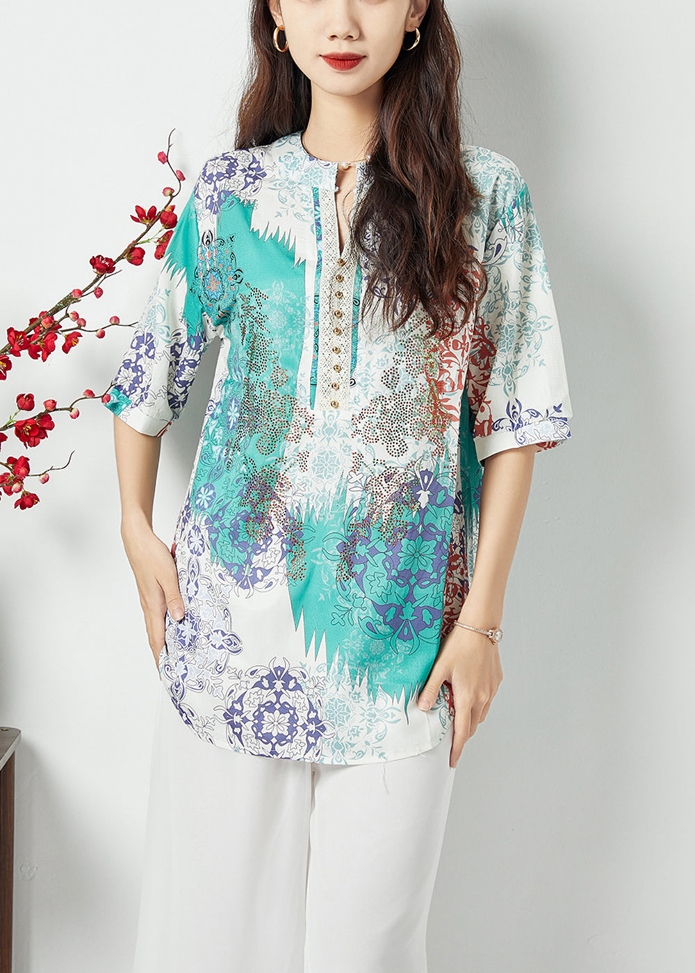 Light Blue Oversized Print Nail Bead Shirt Tops Summer