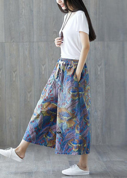 Blue Pockets Print Tie Waist Fall Wide Leg Pants