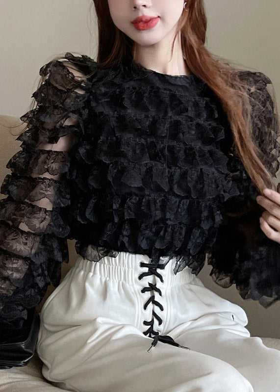 Black O-neck Ruffled Lace Top Long Sleeve