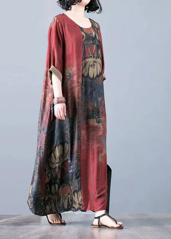 Red O-neck Print Silk Ankle Dresses Three Quarter Sleeve