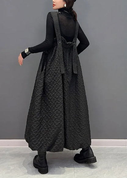 Black Wrinkled Pockets Patchwork Cotton Carpenter Dresses Fall
