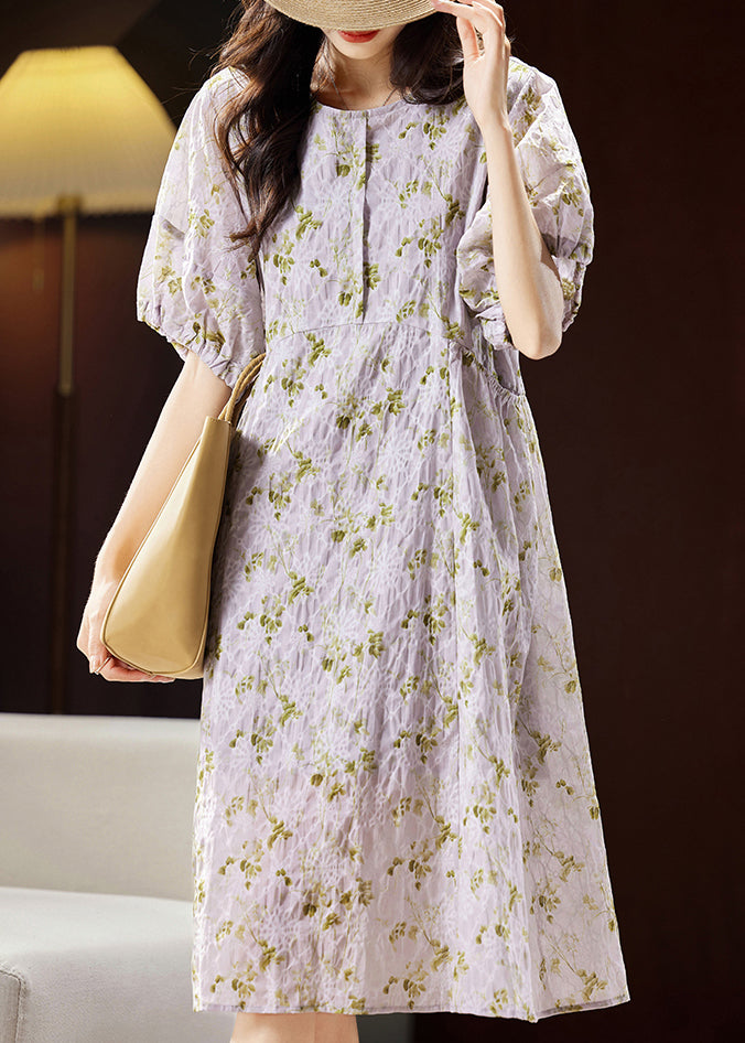 Light Purple Print Patchwork Cotton Holiday Long Dress Puff Sleeve