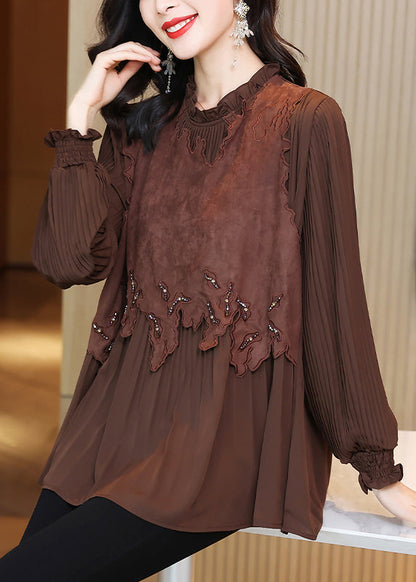 French Coffee Ruffled Patchwork Shirt Butterfly Sleeve Fall