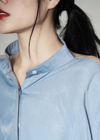 Art Blue Asymmetrical Design Backless Long Sleeve Summer Shirt