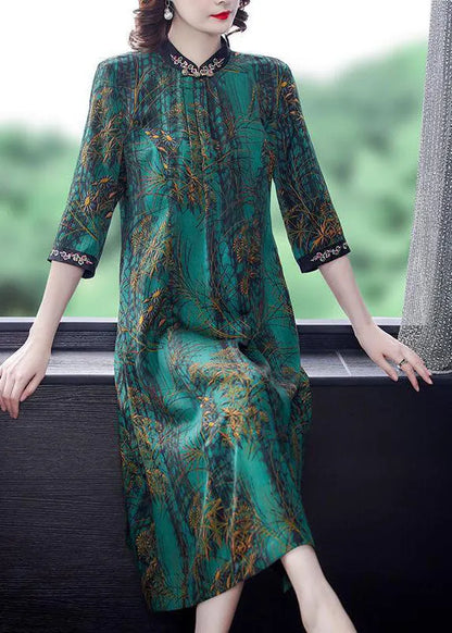 Green Stand Collar Print Silk Dress Half Sleeve