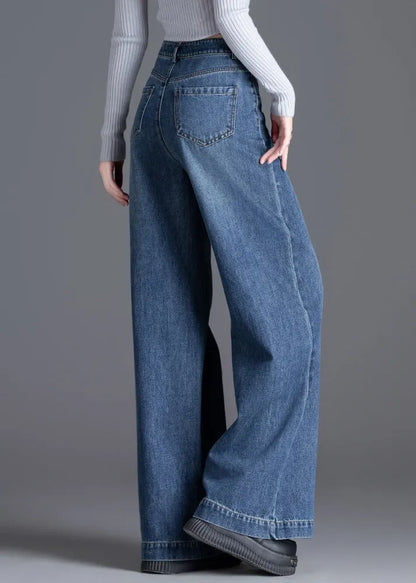 Silm Fit Blue High Waist Patchwork Denim Straight Pants Spring