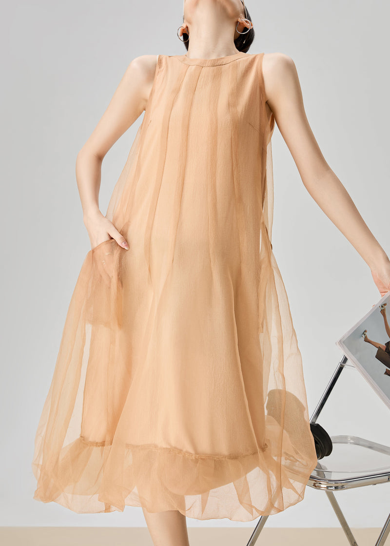 Orange O Neck Zippered Pockets Tulle Long Dress Sleeveless