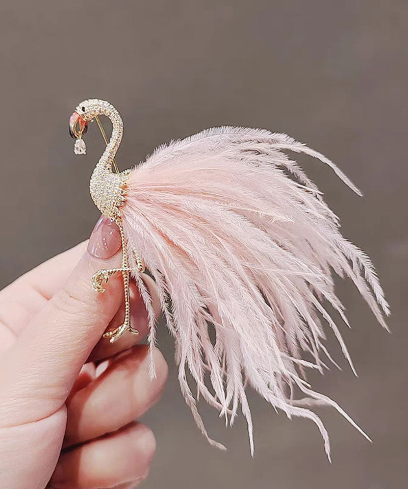 Pink Alloy Inlaid Zircon Flamingo Feather Brooches