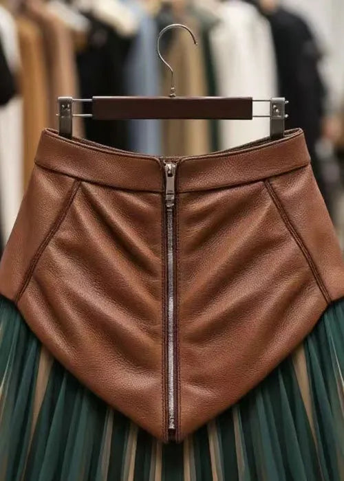 Blackish Green Zippered High Waist Tulle Patchwork Faux Leather Skirt