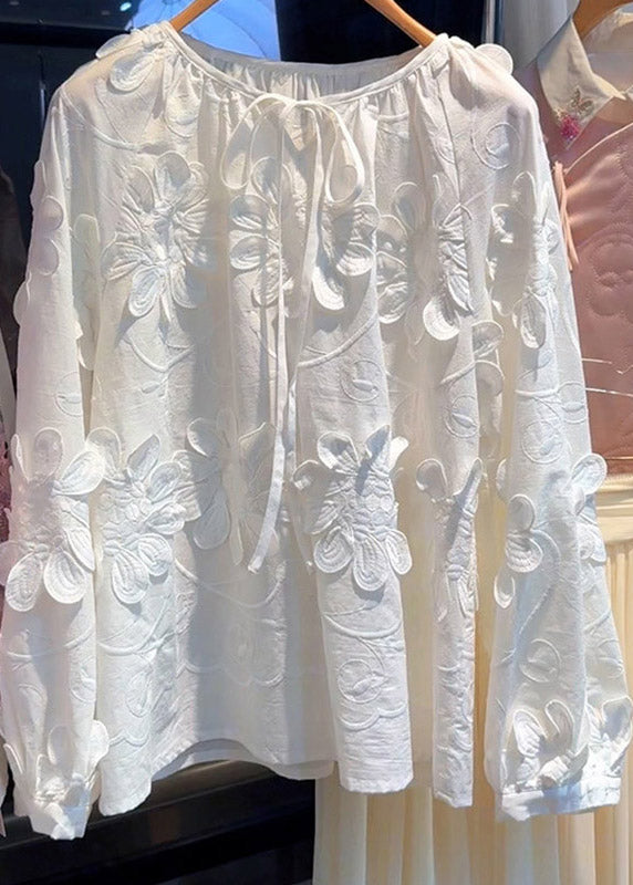 French White O-neck Tie Lace Top Lantern Sleeve