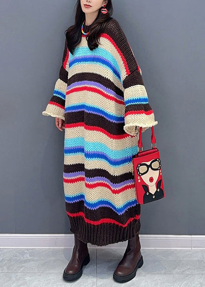 Loose Striped O-neck Hollow Out Patchwork Knit Dresses Fall