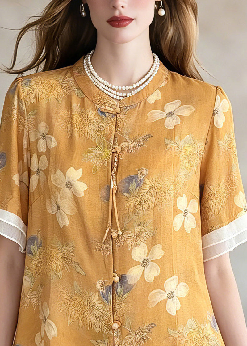 Yellow Print Shirts Short Sleeve Summer
