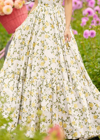 Stylish Yellow V Neck Print Cotton Spaghetti Strap Dress Sleeveless