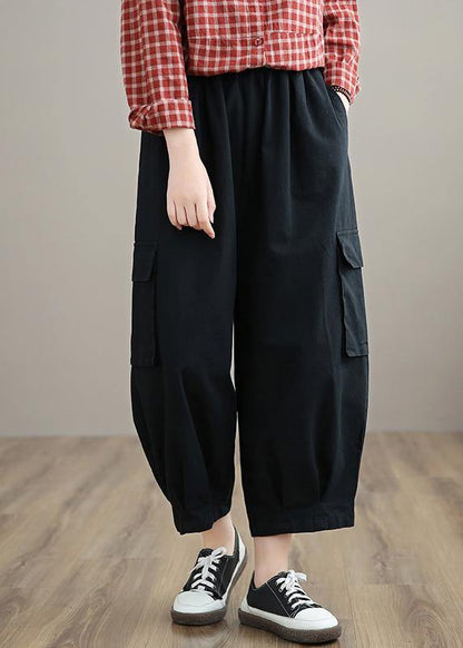100% Spring Trousers Black Pattern Elastic Waist Pockets Wild Pants