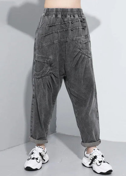 Handmade Black Elastic Waist Pockets Jean Pants Spring