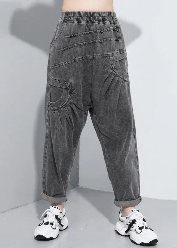 Handmade Black Elastic Waist Pockets Jean Pants Spring