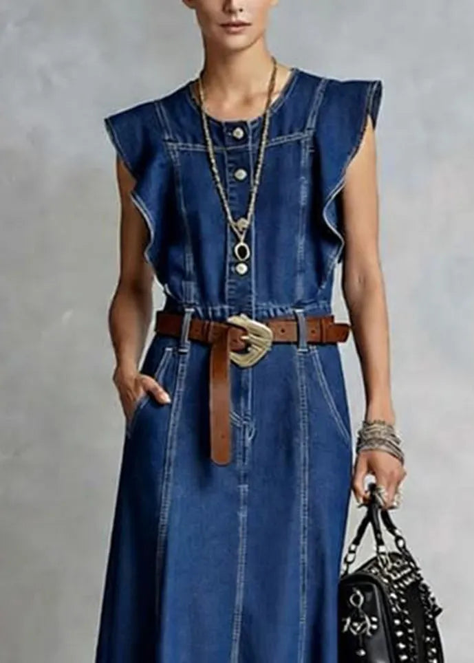 French Denim Blue O-neck Ruffled Button Summer Maxi Dresses Sleeveless