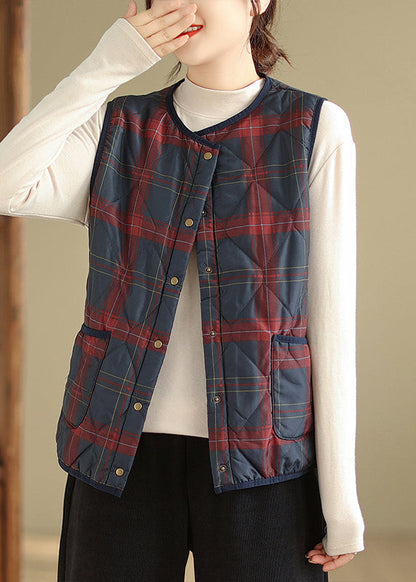 Red Navy Plaid Pockets Patchwork Warm Fleece Vest Sleeveless