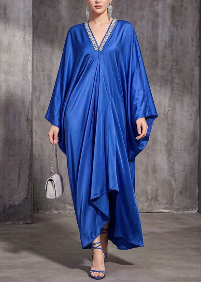 Blue V Neck Asymmetrical Design Silk Dress Spring