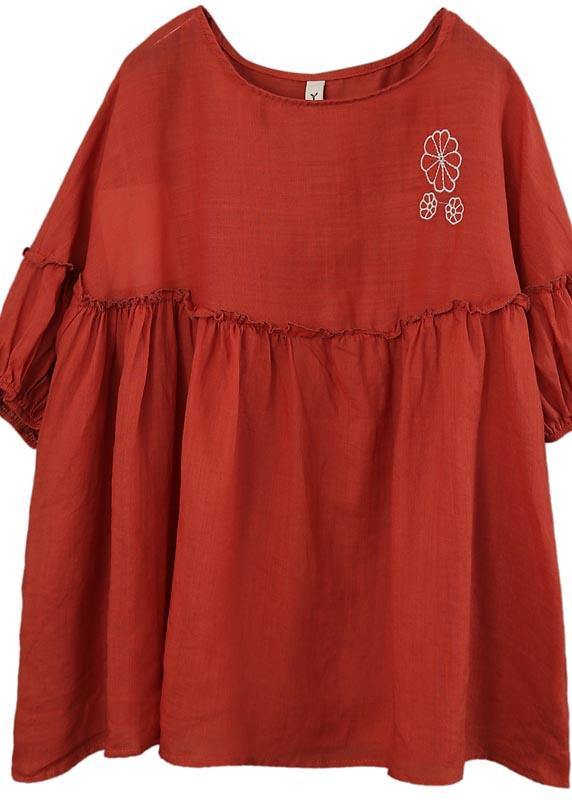 Red Patchwork Ruffled Cotton Summer Blouse Top