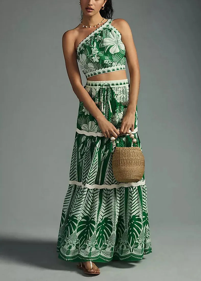Vacation Style One Shoulder Short Top and High Waisted Skirt Set