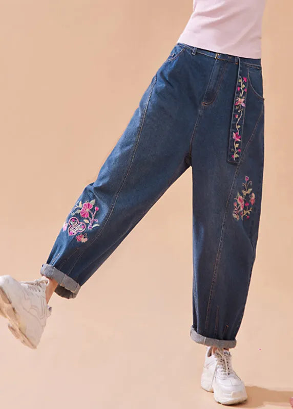 Denim Blue Embroideried Button Pockets Zippered Wide Leg Pants Summer