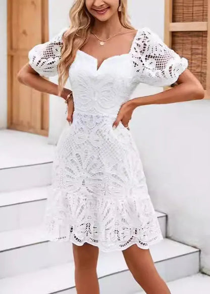Classy White Hollow Out Lace Mid Dress Summer