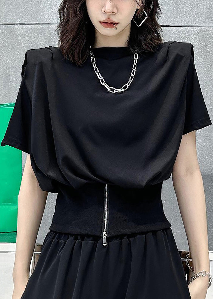 Black O-neck Zip Up Patchwork Cotton T Shirt Top Summer