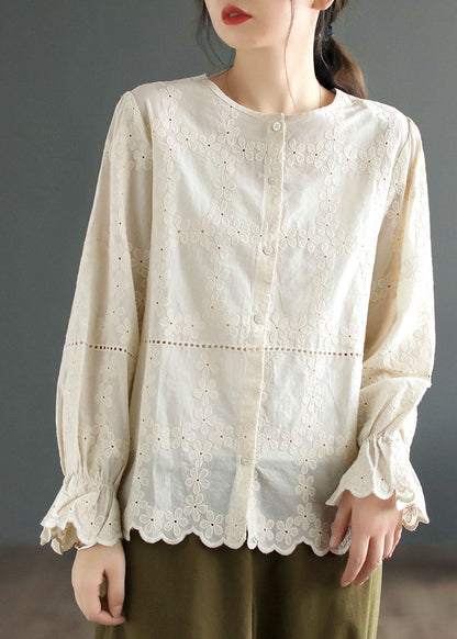 Diy White O Neck Patchwork Embroideried Cotton Blouses Spring