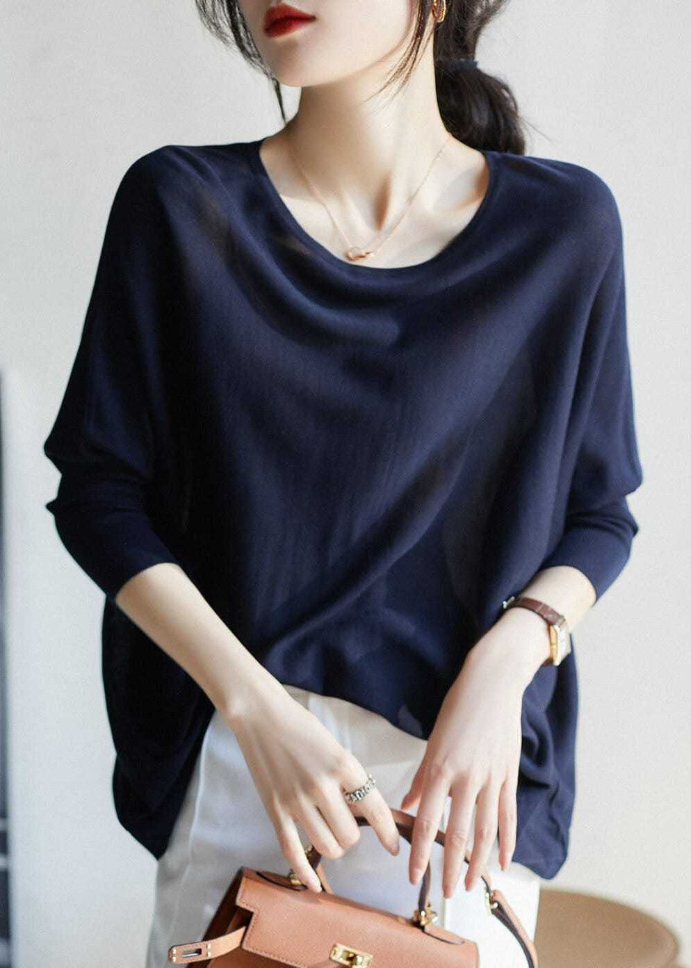 Navy O-neck Oversized Knit Top Batwing Sleeve