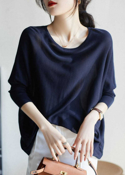 Navy O-neck Oversized Knit Top Batwing Sleeve