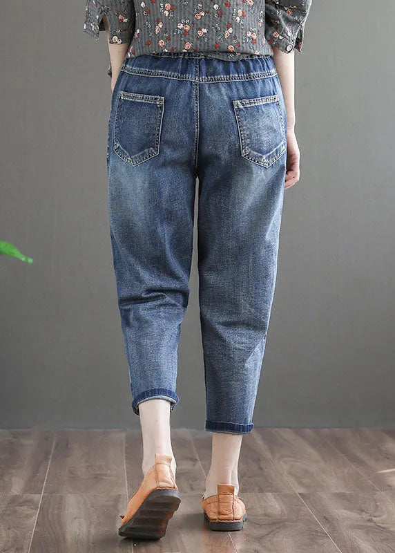 Denim Blue Elastic Waist Embroideried Cotton Crop Pants Spring
