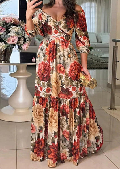 Photo Color V Neck Print Cotton Long Dresses Bracelet Sleeve