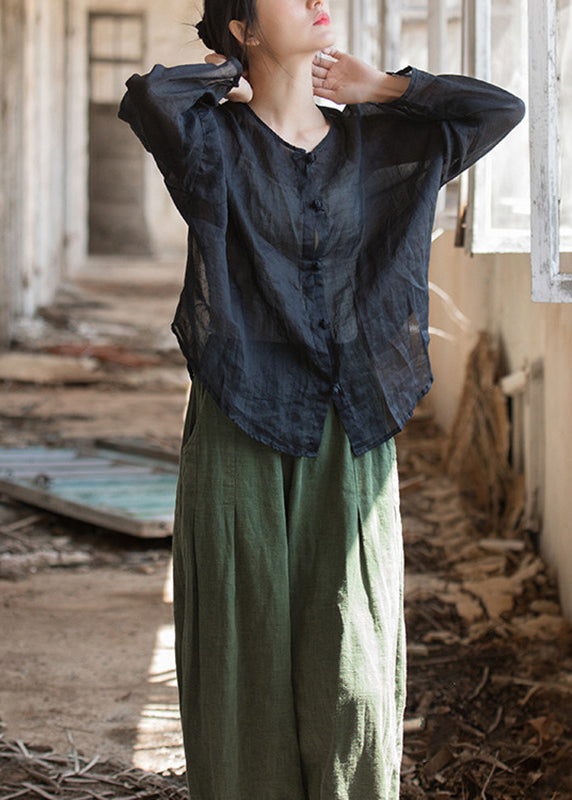 Black Oversized Button Down Linen Shirt Tops Fall
