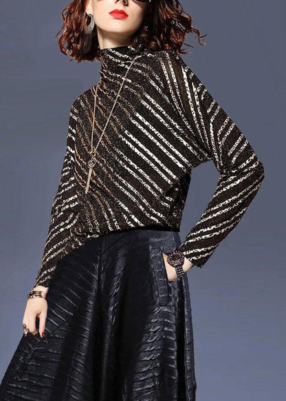 Black Stand Collar Striped Top Batwing Sleeve
