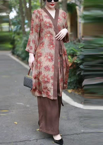 Coffee V Neck Print Lace Up Silk Cotton Two Pieces Set Fall