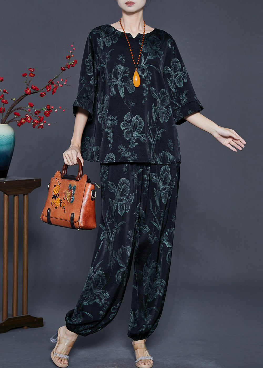 Black Oversized Lily Print Silk Two Pieces Set Summer
