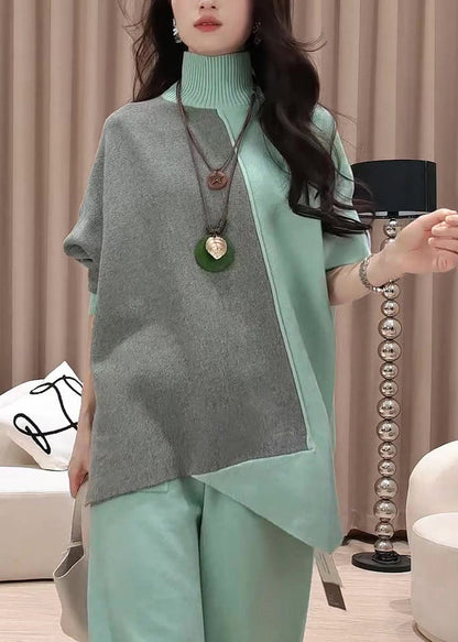 Loose Green Asymmetrical Patchwork Knit Sweaters Winter