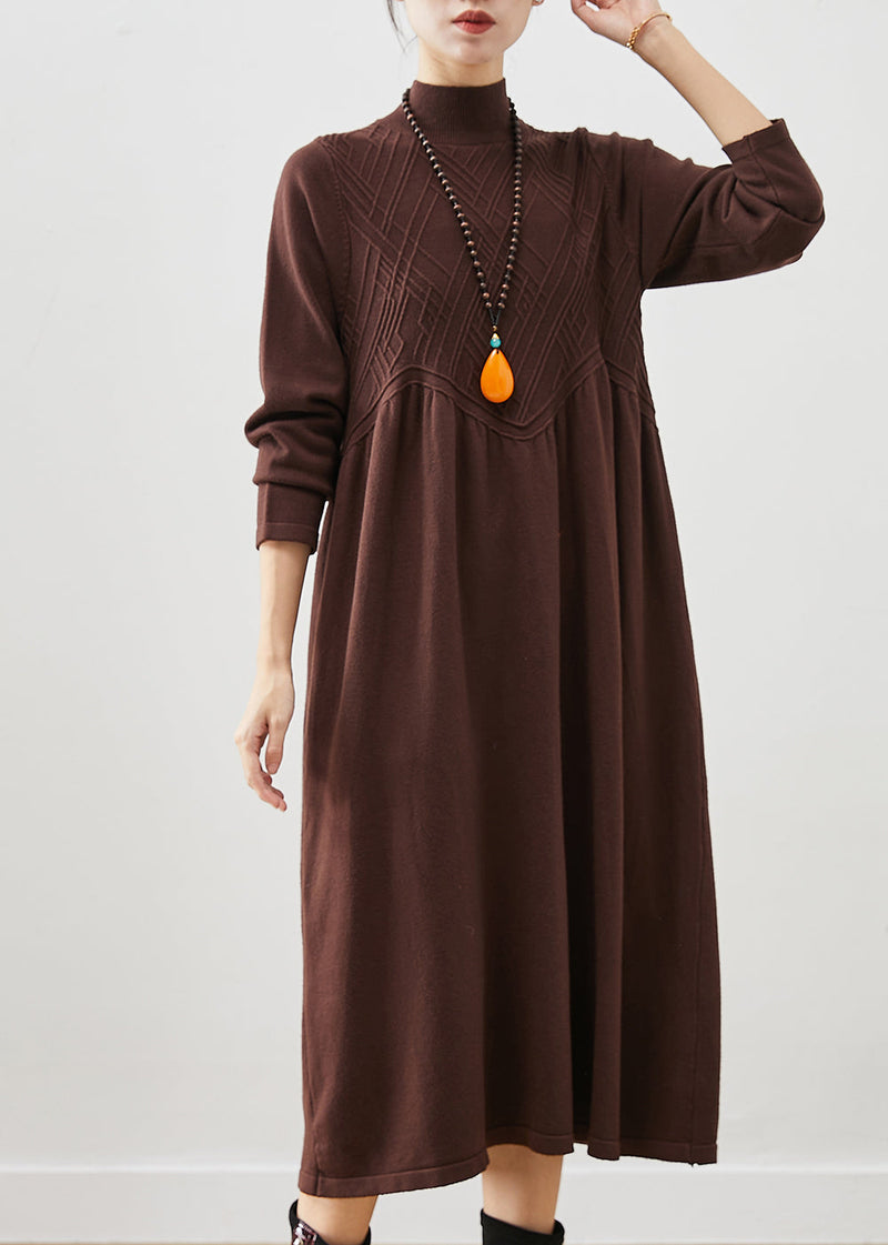 Chocolate Stand Collar Knit Holiday Dress Spring