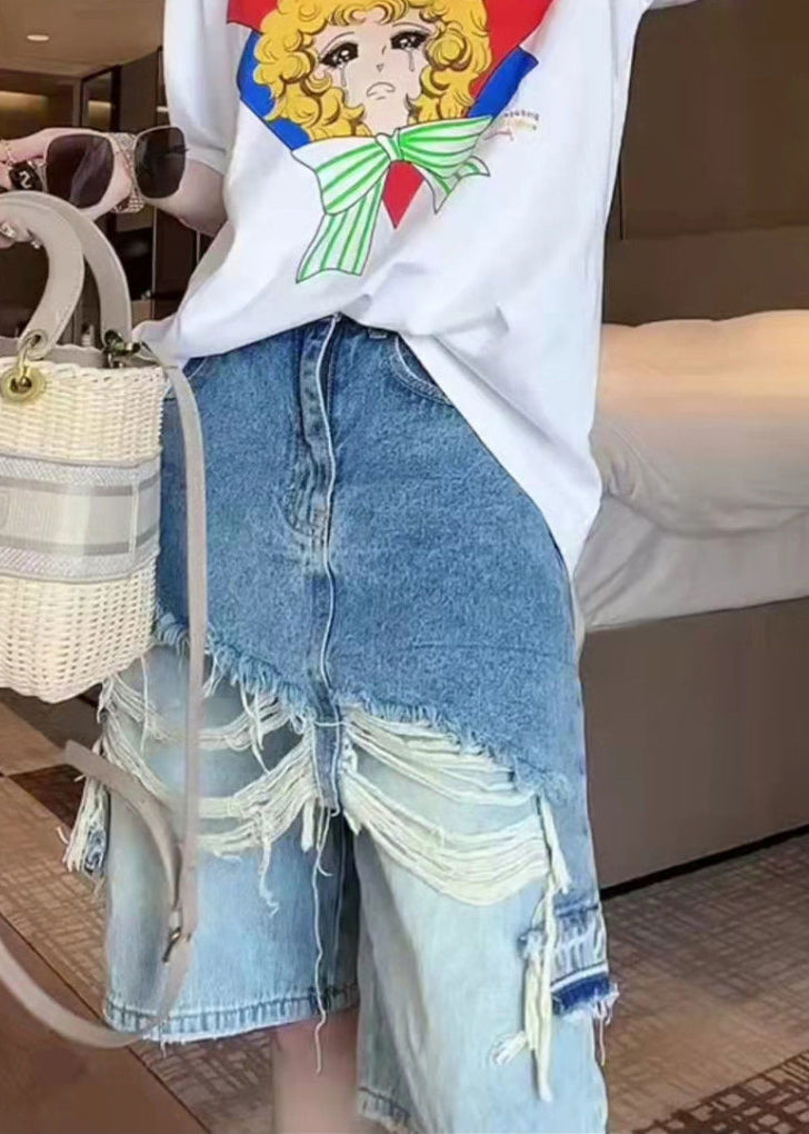 Blue Tasseled Patchwork False Two Pieces Denim Shorts Summer