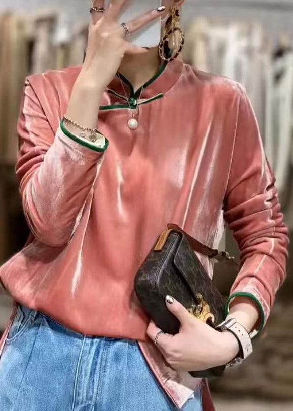 Pink Mandarin Collar Side Open Button Patchwork Velour Tops Long Sleeve