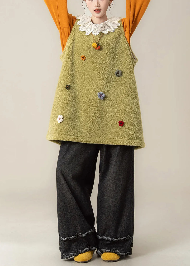 Loose Fruit Green Fluffy Waistcoat and Black Ruffled Pants Two Pieces Set Sleeveless