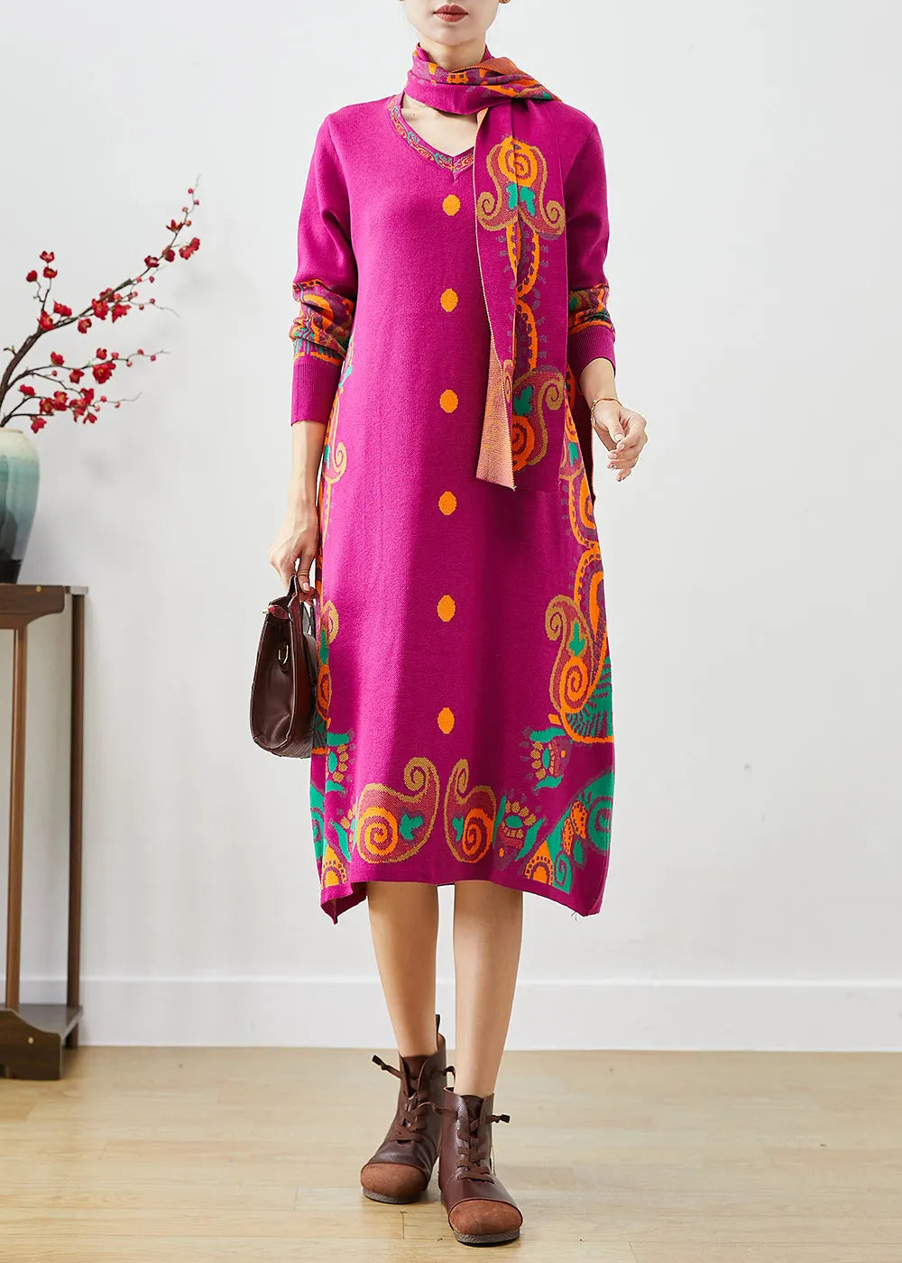 Rose Print Complimentary Scarf Knit Dress Fall