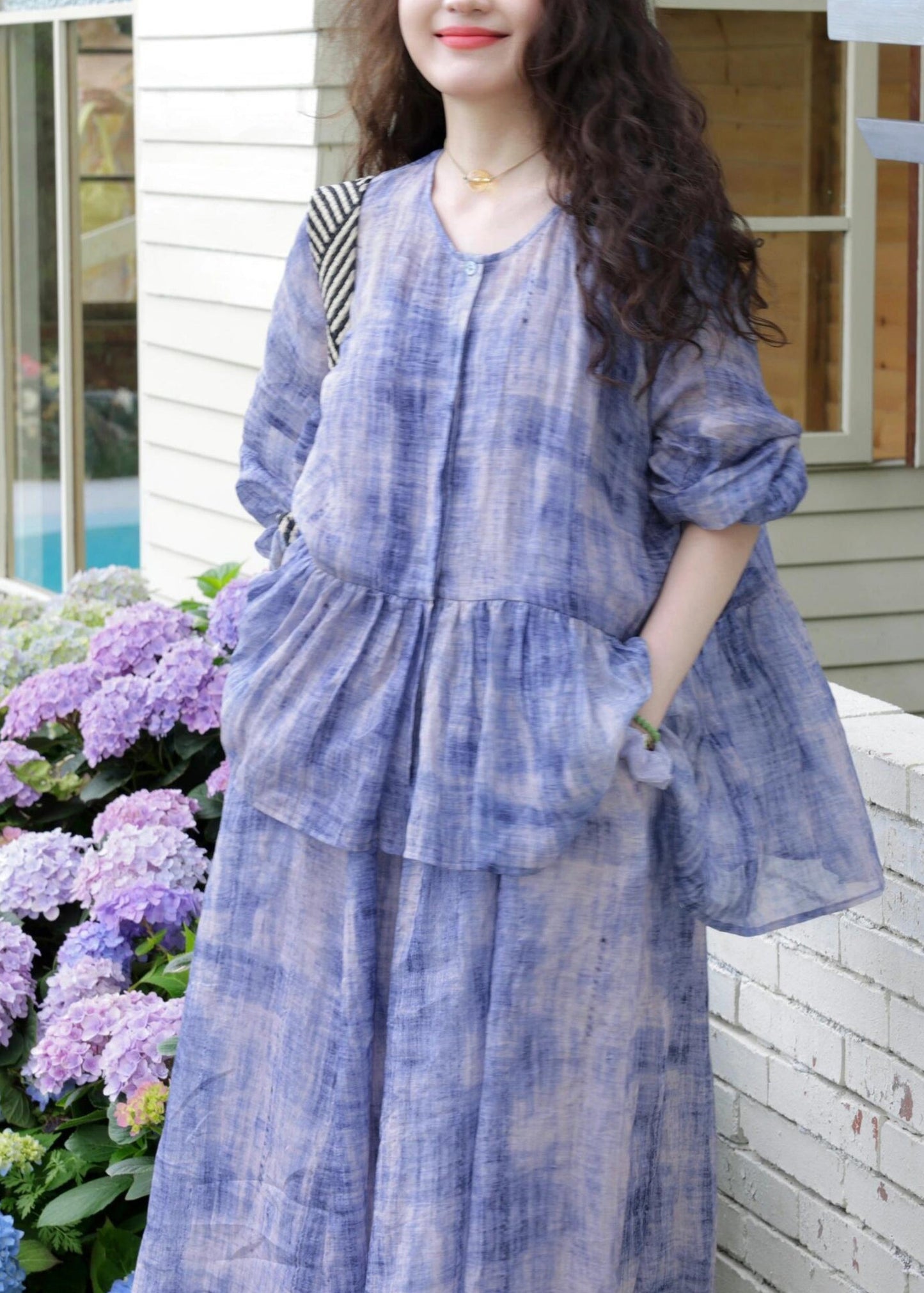 New Purple O-neck Wrinkled Cotton Two Pieces Set Spring