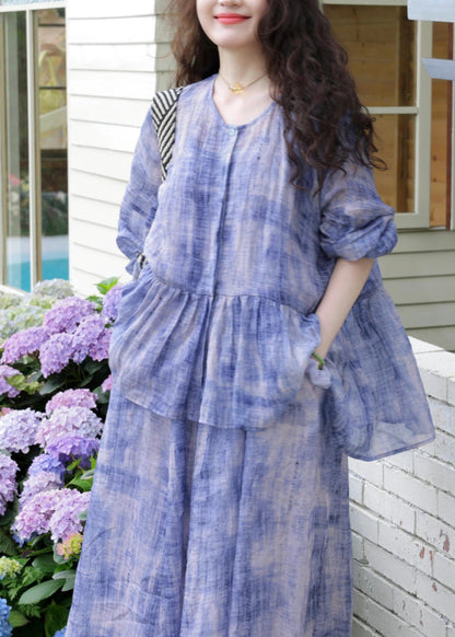 New Purple O-neck Wrinkled Cotton Two Pieces Set Spring