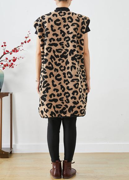 Leopard Print Pockets Faux Fur Teddy Vest Fall