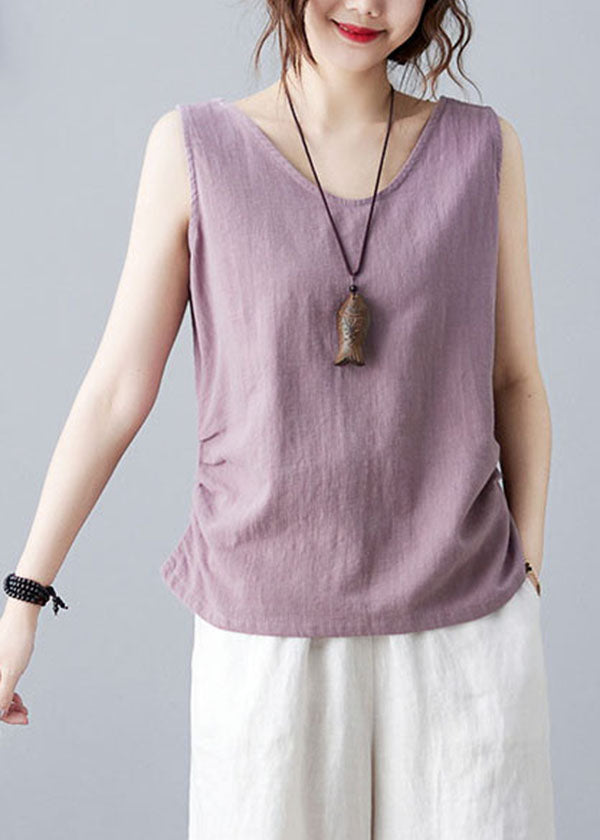 Purple V Neck Wrinkled Color Linen Vests Sleeveless