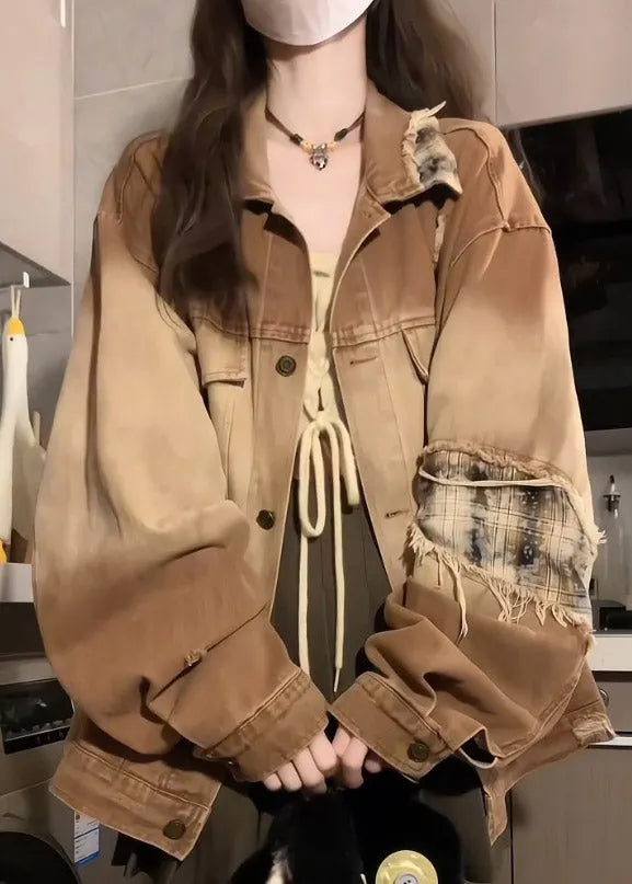 Khaki Peter Pan Collar Pockets Patchwork Patch Denim Coat Lantern Sleeve