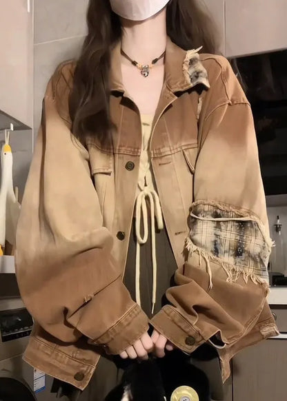 Khaki Peter Pan Collar Pockets Patchwork Patch Denim Coat Lantern Sleeve