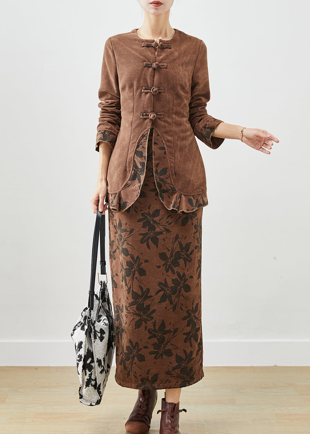Coffee Print Patchwork Ruffles Cotton Two Pieces Set Winter